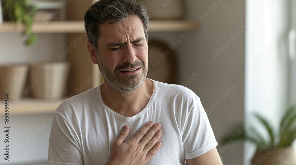 Man experiencing chest pain symbolizing health issues related to heart or torso Man experiencing chest pain symbolizing health issues related to heart or torso