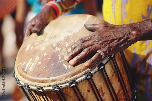 Experience the infectious rhythm of a traditional Brazilian drum, skillfully played by a musician, setting the beat for the vibrant Carnival parade.