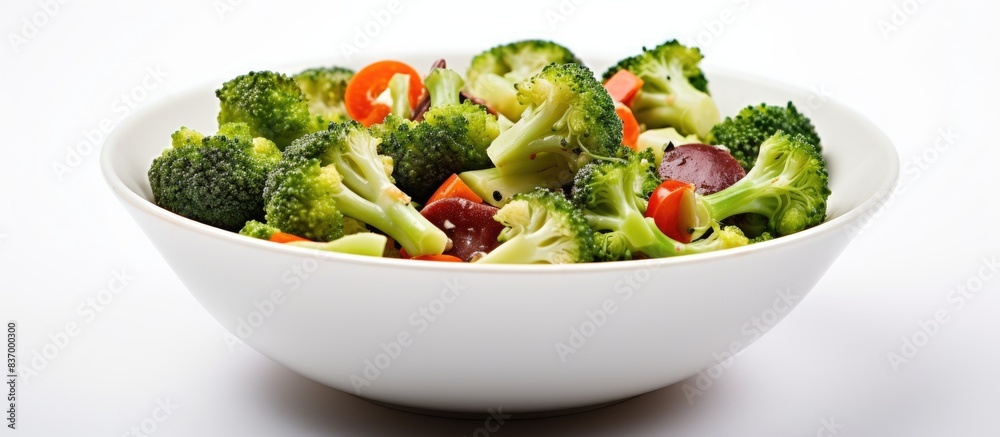 Close up of broccoli salad Isolated on a white background. Creative banner. Copyspace image Close up of broccoli salad Isolated on a white background. Creative banner. Copyspace image