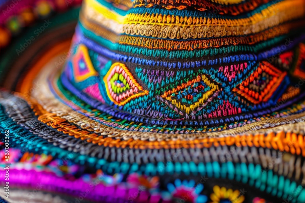 A captivating close-up of a traditional Mexican sombrero, showcasing its vibrant patterns and stunning embroidery. A captivating close-up of a traditional Mexican sombrero, showcasing its vibrant patterns and stunning embroidery.