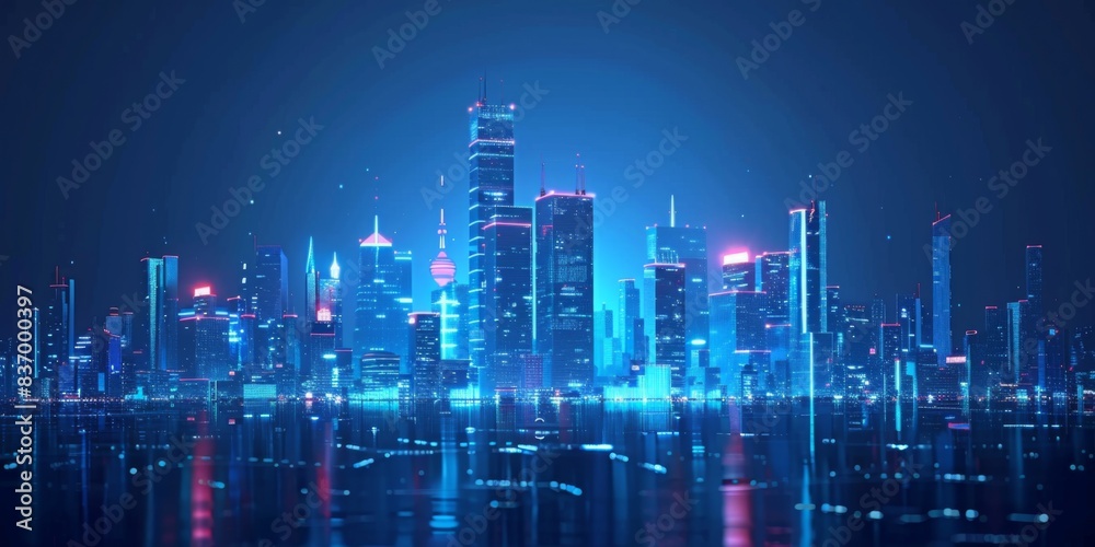 Obraz premium Futuristic blue Urban Landscape with Advanced Smart City Technology, abstract graphic, banner design, brochure, pattern design, web, background template