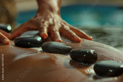 A serene spa setting featuring a person receiving a relaxing stone therapy massage with smooth, heated stones carefully placed along their back to relieve tension and promote wellness.