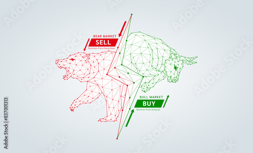 Red bear VS green bull shapes polygon. Bullish and bearish symbols of stock market trends arrow down and up. Analysis strategy investment buy sell financial business. Vector EPS10.