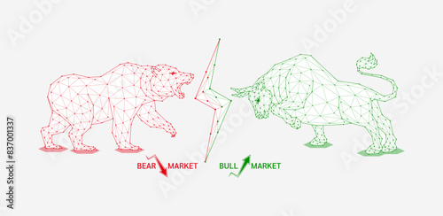 Bullish and bearish symbols of stock market trends arrow down and up. Red bear VS green bull shapes polygon facing each other. Analysis business strategy financial investment. Banner vector.