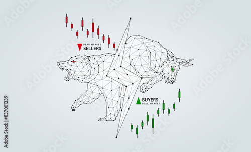 Bear VS Bull shapes polygon thunder the middle. Bullish and bearish candlestick red green. Stock market trends arrow down and up. Analysis strategy investment buy sell financial business. Vector.
