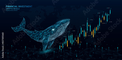 Blue whale shapes polygon facing candlestick. Cryptocurrency stock market trends up growth chart. On world map background and arrows. Analysis business strategy financial investment. Vector.