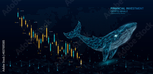 Blue whale shapes polygon and candlestick. Cryptocurrency stock market trends down chart. On world map background and arrows. Analysis business strategy financial investment. Vector.