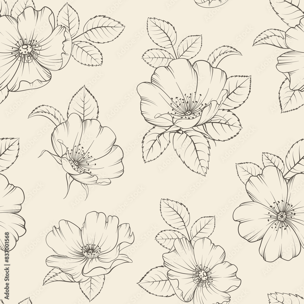 Seamless floral pattern with Rose. Botanical rosehip Seamless floral pattern with Rose. Botanical rosehip