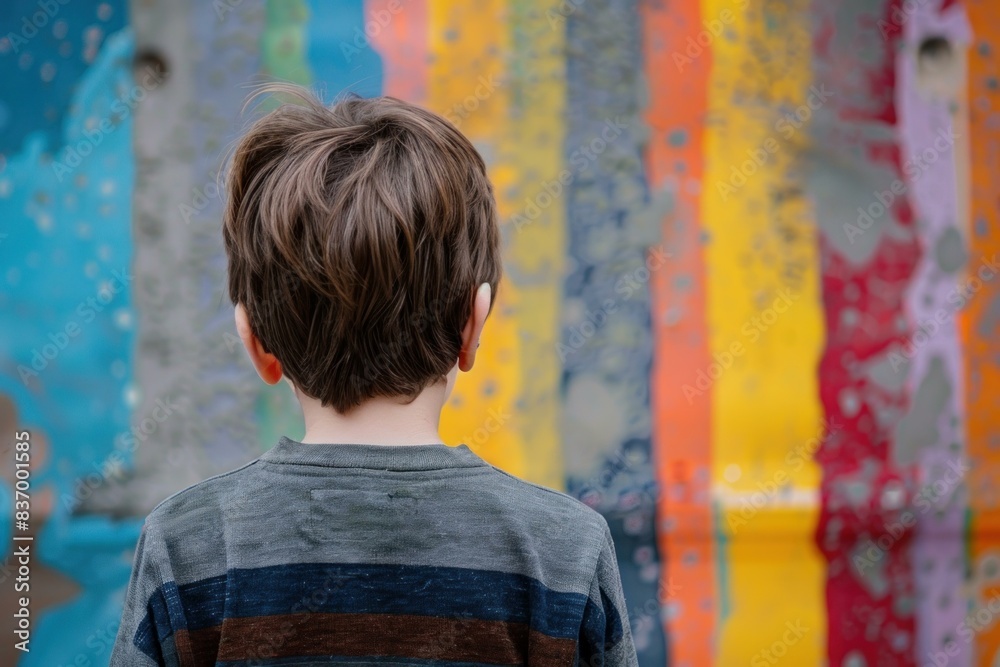 Obraz premium Back view of a child in a striped shirt observing a vibrant graffiti wall