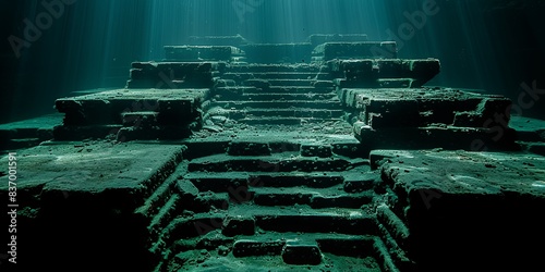 A dark underwater scene with a staircase leading down