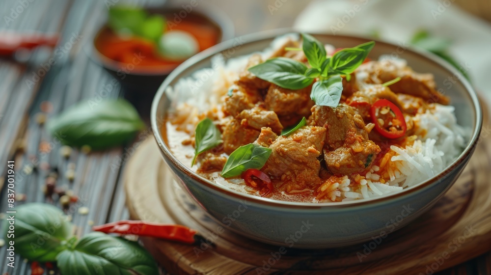 Bowl of curry pork and rice over wooden table outdoors