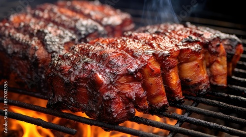 close-up of juicy bbq ribs in a smoker