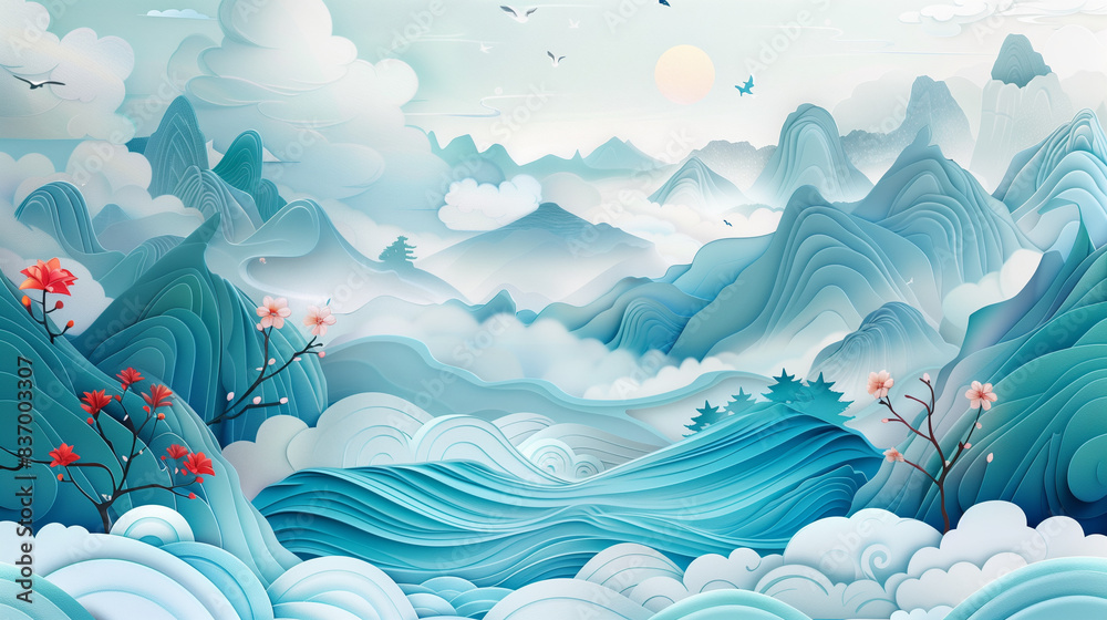 3d cyan landscape painting, layered
3d cyan landscape painting, layered