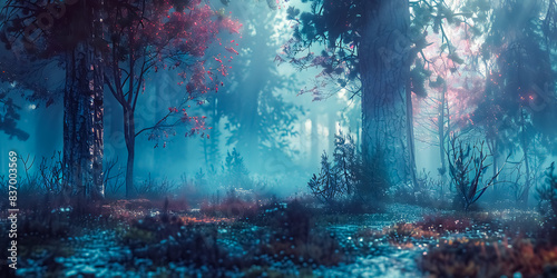 Enchanted Forest at Dawn with Mystical Light and Vibrant Foliage, Capturing the Magic of Nature in a Dreamlike Setting, Perfect for Fantasy, Nature, and Landscape Themes photo