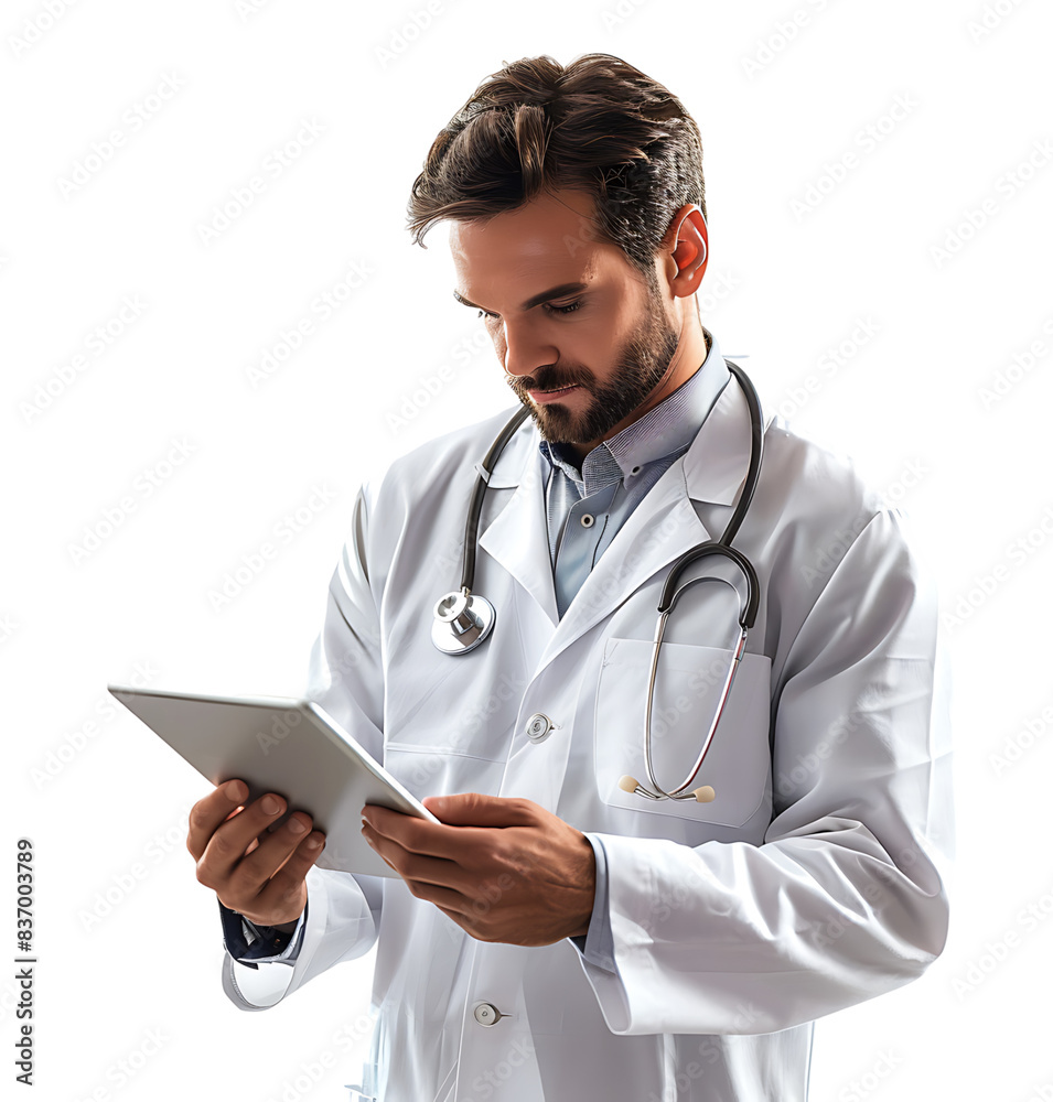 Confident male doctor using smartphone on isolated transparent background Confident male doctor using smartphone on isolated transparent background