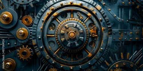 Intricate Mechanical Gears and Cogs in a Steampunk Style, Industrial Machinery Close-Up, Detailed Engineering Background, Metallic Components with Brass and Steel Elements, Technology Concept