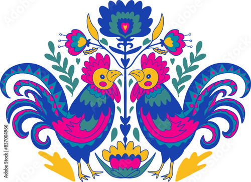 Polish folk art embroidery ornament with cocks - traditional folk floral. Vector illustration