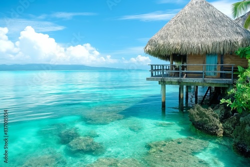 Romantic seascape with waterfront bungalows perched on columns  straw roofs  and turquoise sea.