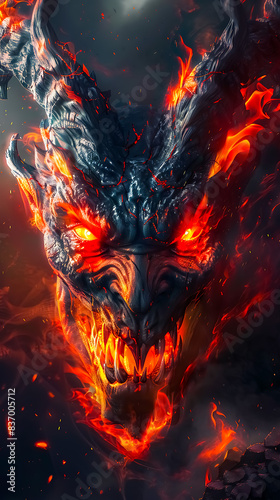 Fiery Dragon with Glowing Eyes and Flames Emanating from Its Mouth in a Dark  Smoky Background