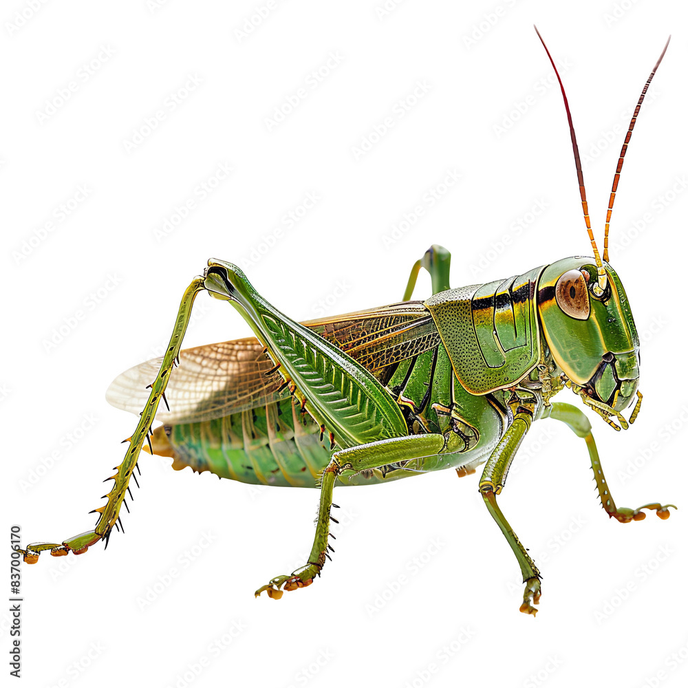 Close-up image of a vibrant green grasshopper with intricate details on its body and legs against a white background. PNG transparent