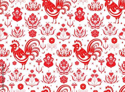 Polish folk art seamless embroidery pattern with flower. floral embroidery ornament with cocks - traditional folk seamless pattern. Vector set 