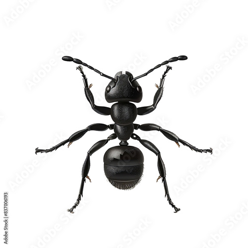 Close-up of a black ant isolated on a white background, showcasing its detailed anatomy and texture for educational and design purposes. PNG transparent photo