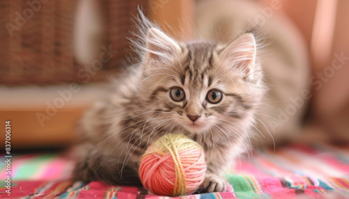 A kitten is playing with a ball of yarn © Wonderful Studio