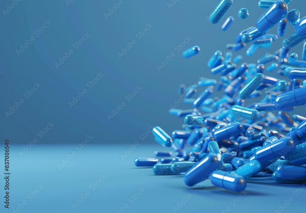 A cascade of blue medicinal capsules spilling onto a similar background, representing the idea of overdose related to the pharmaceutical sector. A cascade of blue medicinal capsules spilling onto a similar background, representing the idea of overdose related to the pharmaceutical sector.