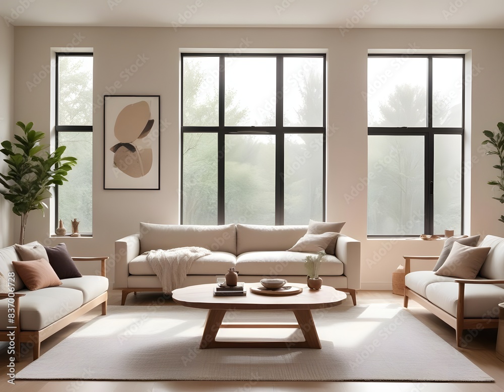 Fototapeta premium Frame mockup, ISO A paper size. Living room poster mockup. Modern interior design. Living room Interior mockup with house background. 3D render