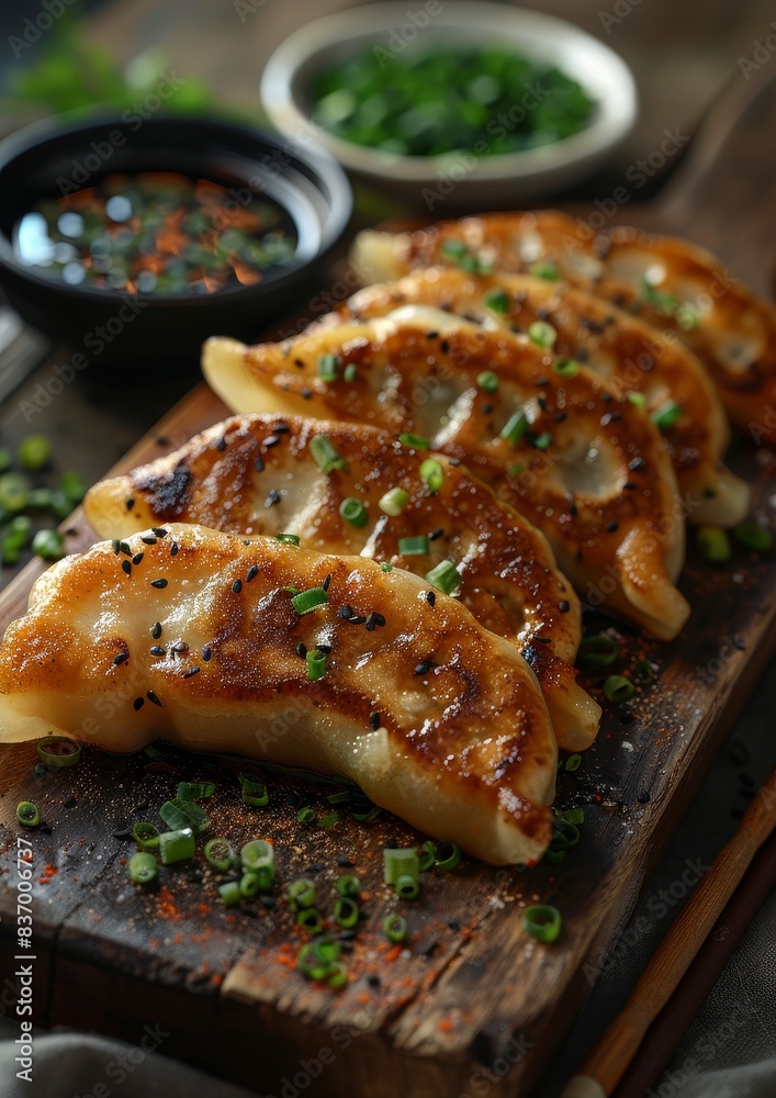 Gyoza - Japanese dumplings filled with meat and vegetables, served with dipping sauce. Gyoza - Japanese dumplings filled with meat and vegetables, served with dipping sauce.