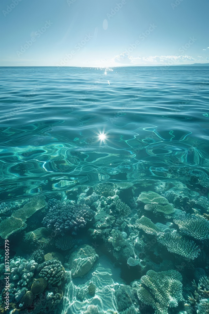 Fototapeta premium Artistic shot of a clear, blue ocean with a thriving coral reef