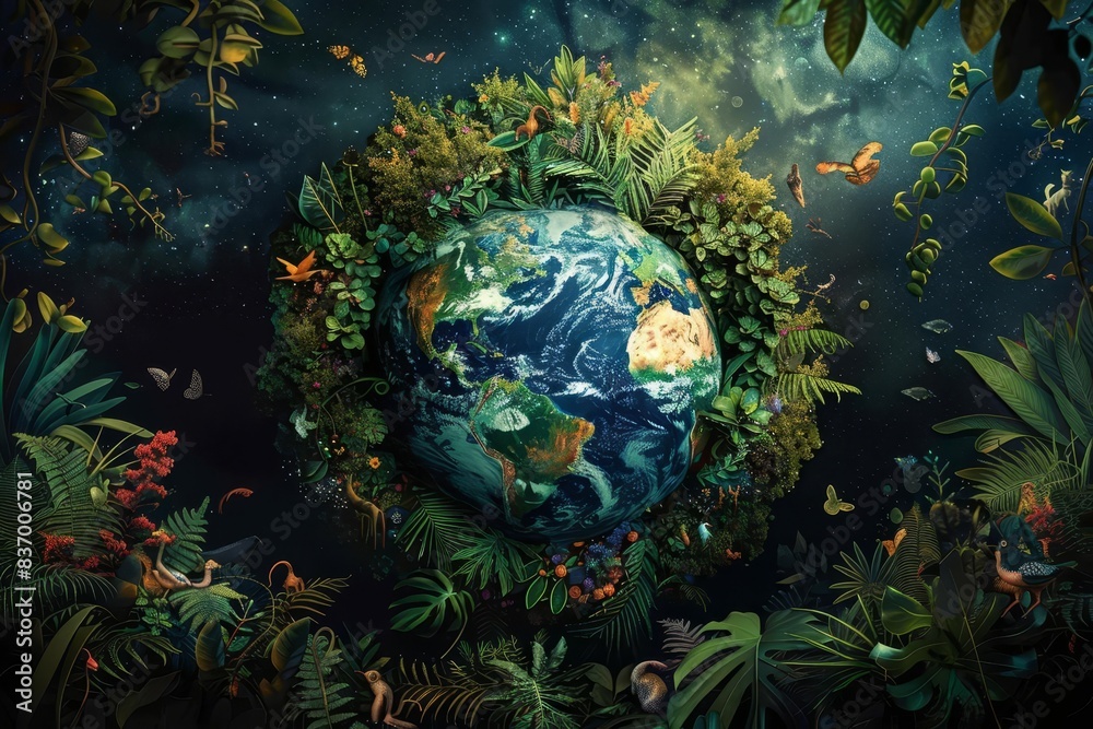 Artistic illustration of the Earth surrounded by plants and animals Artistic illustration of the Earth surrounded by plants and animals