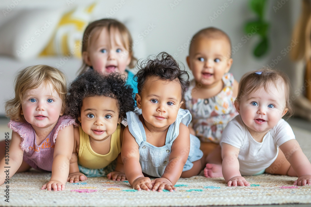 A group of babies are laying on a rug, with some of them wearing yellow and blue. multiracial group of toddlers A group of babies are laying on a rug, with some of them wearing yellow and blue. multiracial group of toddlers