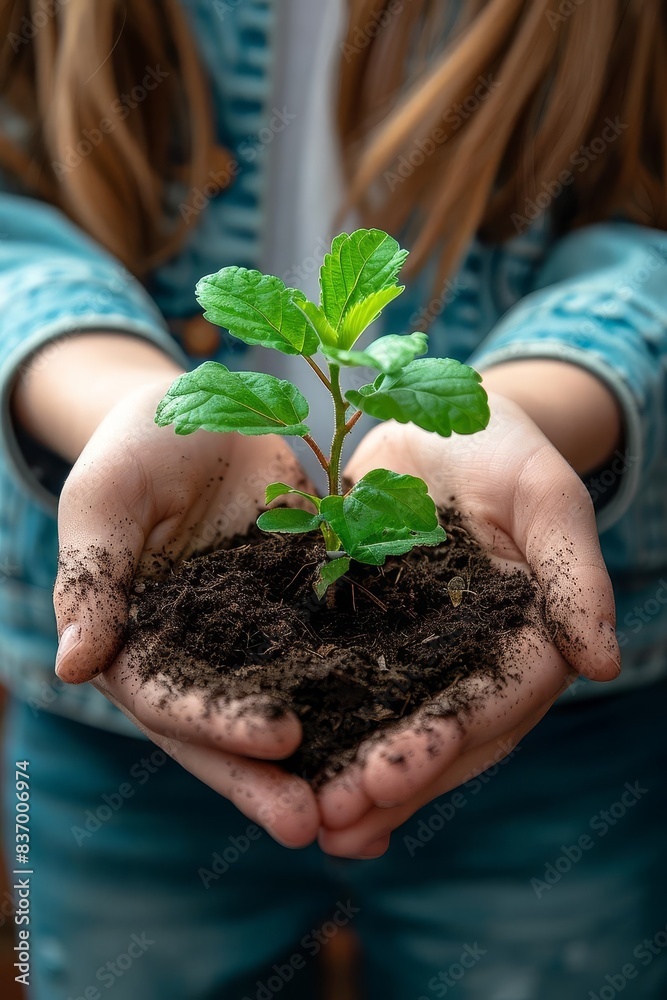 Closeup of a young person holding a small plant with soilcovered hands Closeup of a young person holding a small plant with soilcovered hands