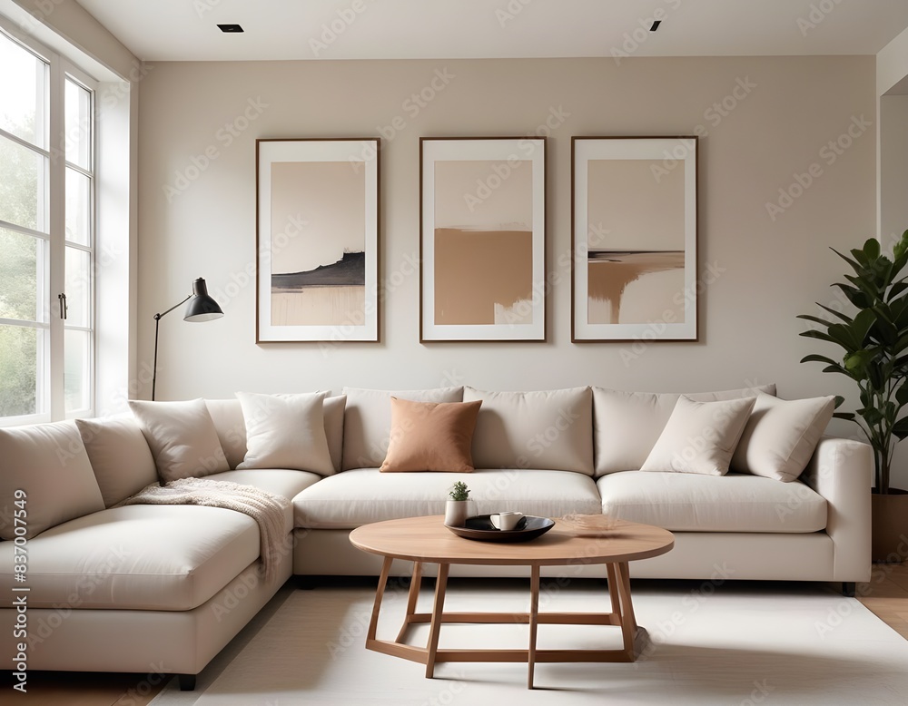Fototapeta premium Frame mockup, ISO A paper size. Living room poster mockup. Modern interior design. Living room Interior mockup with house background. 3D render
