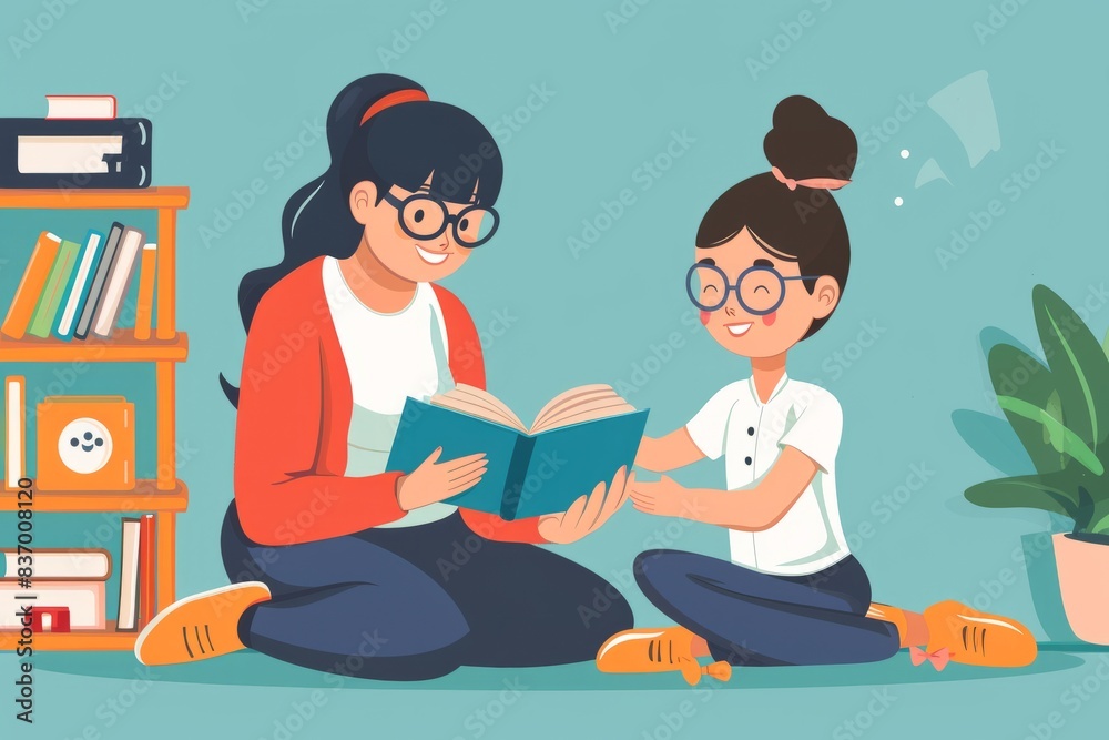 A painted mother and daughter are sitting on the floor in the living room and reading a book. The concept of nurturing a love of reading and developing self-knowledge.
A painted mother and daughter are sitting on the floor in the living room and reading a book. The concept of nurturing a love of reading and developing self-knowledge.