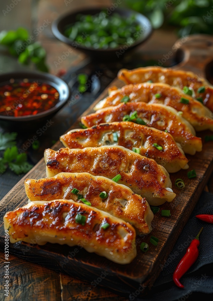 Gyoza - Japanese dumplings filled with meat and vegetables, served with dipping sauce. Gyoza - Japanese dumplings filled with meat and vegetables, served with dipping sauce.