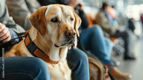 Labrador dog sitting calmly next to its owner in an airport terminal. Travel and pet frienly spaces concept. photo