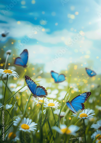 A meadow with daisies and butterflies  spring background  blue sky