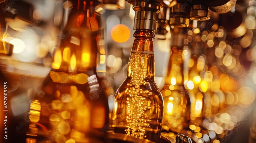 Close-up of bottles filled with precision by automated nozzles, golden beer contrasting with stainless steel equipment, under soft natural light. Close-up of bottles filled with precision by automated nozzles, golden beer contrasting with stainless steel equipment, under soft natural light.