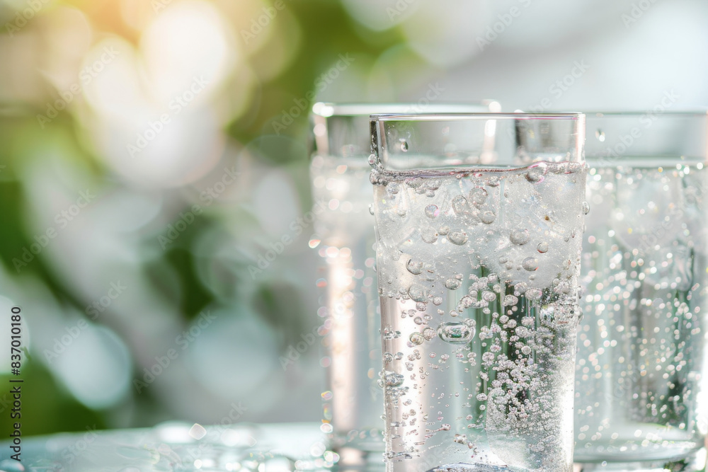 Product Photography of Three Glasses with Sparkling Water on a Light Green Background, Close-Up View, Refreshing and Clean Composition Product Photography of Three Glasses with Sparkling Water on a Light Green Background, Close-Up View, Refreshing and Clean Composition