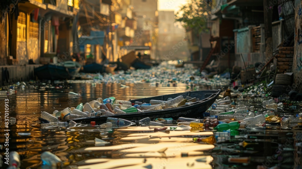 a city canal clogged with plastic bottles and garbage, showing water pollution a city canal clogged with plastic bottles and garbage, showing water pollution