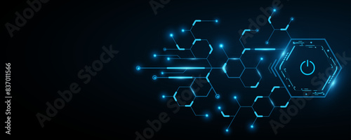 Sci Fi HUD dashboard of hexagons with glowing circuit board. Futuristic user interface. GUI and UI design. Modern technology banner. Vector illustration. EPS 10.