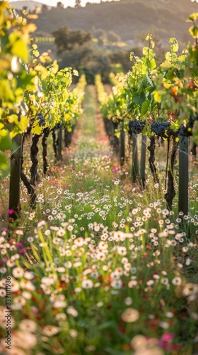 Rustic Vineyard Scene with Wildflowers Generative AI