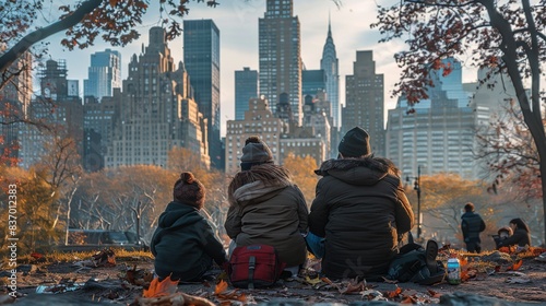 a homeless family huddled together in a park, with skyscrapers in the background