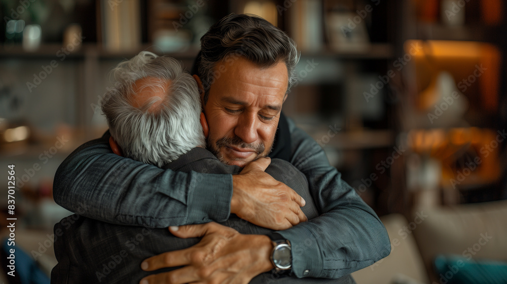 Fototapeta premium A man hugs father at home in the living room