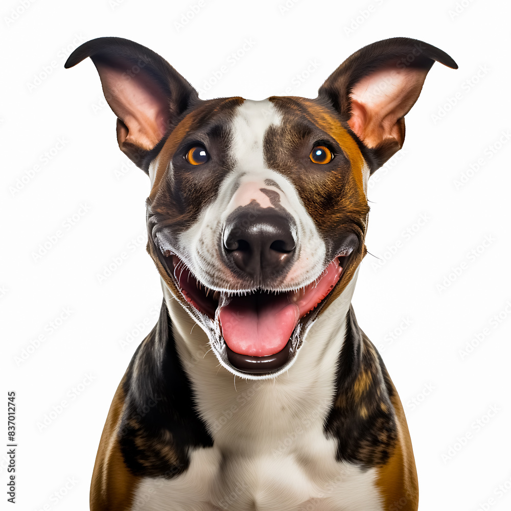Happy Dog with Brown and White Fur Smiling at the Camera on a White Background