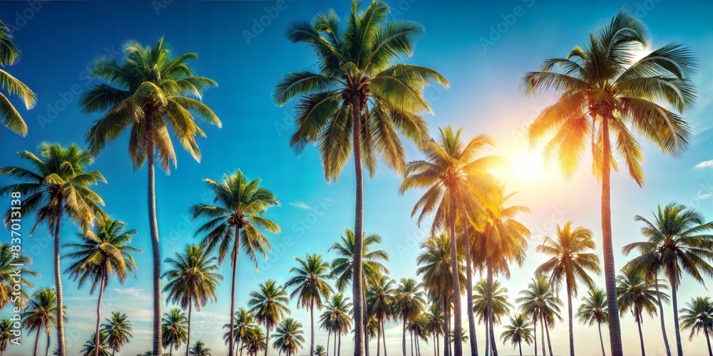 Tropical Palm Trees Blur: A blurred background featuring tall palm trees against a clear, sunny sky, ideal for a tropical summer setting.
