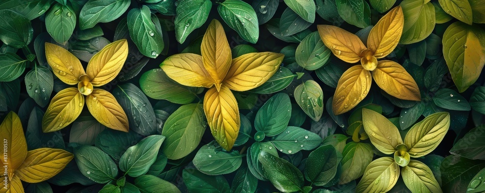 Vibrant yellow and green leaves in a star pattern, creating a natural and colorful plant background with water droplets.