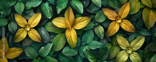 Vibrant yellow and green leaves in a star pattern, creating a natural and colorful plant background with water droplets.